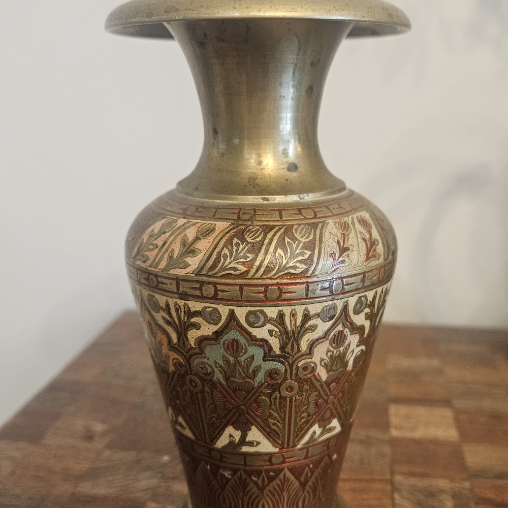 Vintage Etched Brass Small Vase 5.5 Inches Tall India